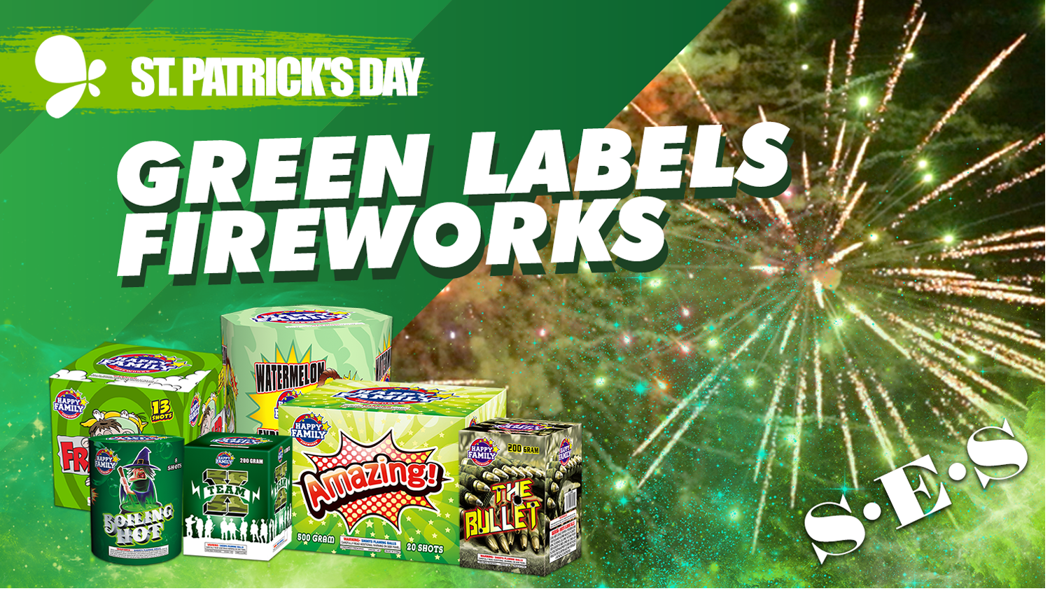 Green labels fireworks for St.Patrick' Day, 5 items light together ,enjoy #fireworks